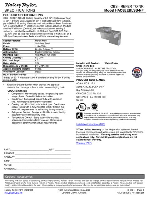 Fillable Online OBS REFER TO NR SPECIFICATIONS Model HAC8EEBLPV NF