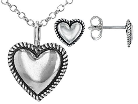 Sterling Silver Heart Pendant With Chain Earring Set Spz Jtv