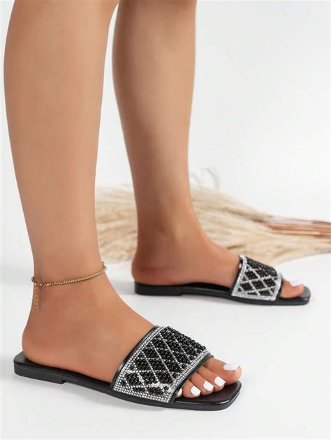 Women Rhinestone Decor Slide Sandals Artificial Leather Glamorous Sandals Shein Usa