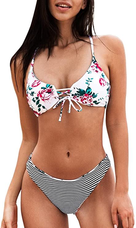 Women S Reversible Lace Up Bikini Sets Floral And Striped Wf Shopping