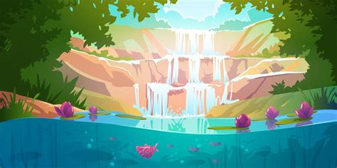 Landscape With Cascade Waterfall In Forest 14438764 Vector Art At Vecteezy