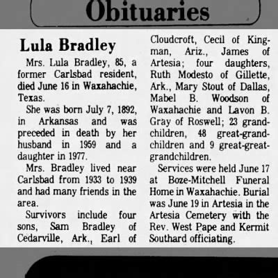 Obituary For Lula Bradley Aged 85 Newspapers