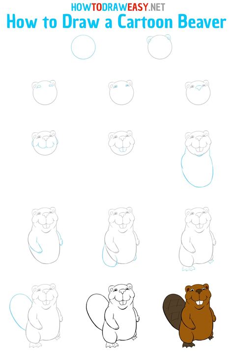 How to Draw a Cartoon Beaver Step by Step | Easy cartoon drawings ...