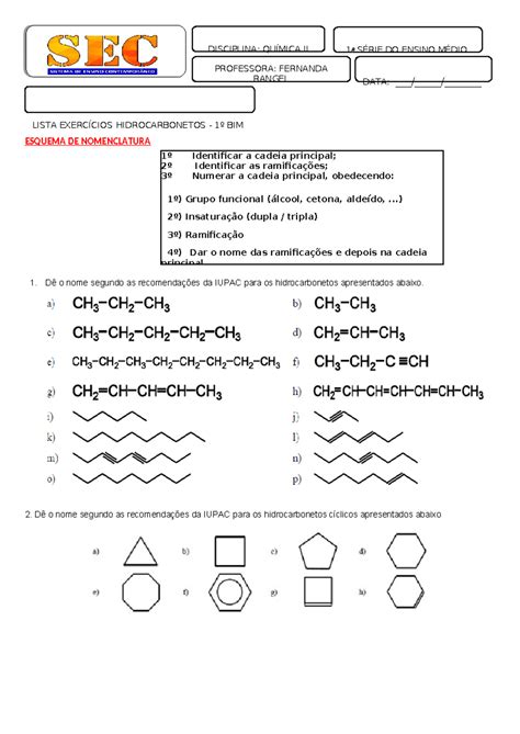 Exercicio Hidrocarbonetos - Exercícios de Nomenclatura de Hidrocarbonetos - Química II 1ª Série ...