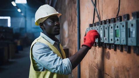 Premium Photo African Electrical Worker Open Power Circuit Breaker