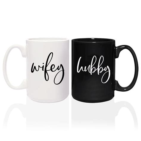 Wifey And Hubby Matching Mugs Two Jumbo 15 Ounce White And Black Ceramic Mugs Funny Husband