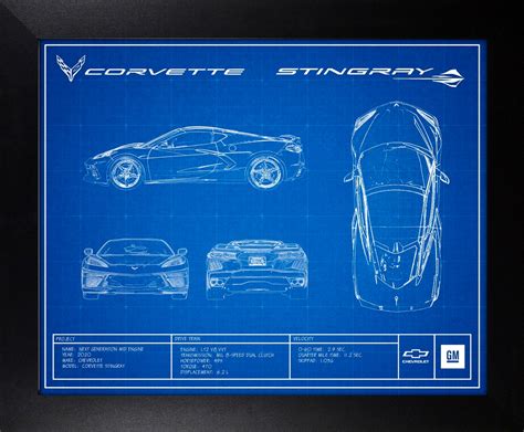 C8 Corvette Blueprint Framed Canvas Picture | Auto Gear Direct