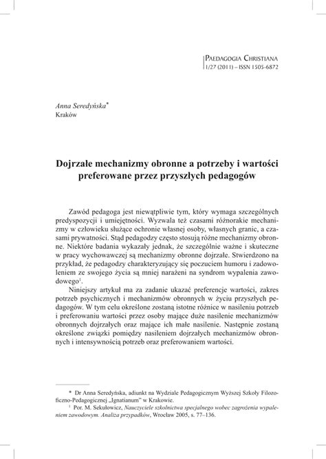 Pdf Dojrza E Mechanizmy Obronne A Potrzeby I Warto Ci Preferowane