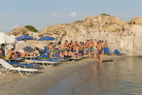 Paros Greece 06 August 2015 Tourists And Local People Having Fun At Kolimbithres Beach In