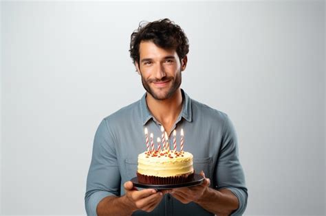 Premium AI Image | Happy beautiful man holding birthday cake with candles isolated on clean ...