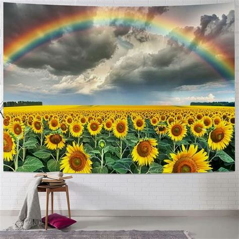 Onetech Sunflower Tapestry Yellow Flower Sea Rainbow Nature Landscape