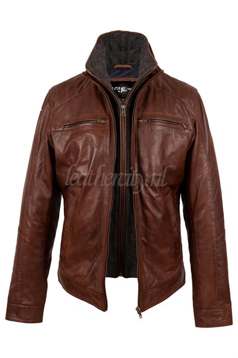 Heren Leren Jas Bruin Met Afnembaar Kraag Leather City