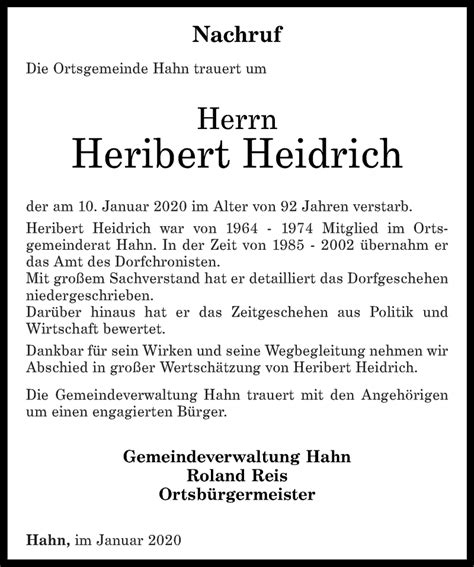 Traueranzeigen Von Heribert Heidrich Rz Trauer De