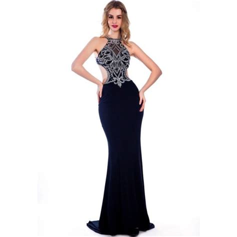 Sexy Halter Side Cut Out Open Back Navy Jersey Beaded Evening Prom Dress