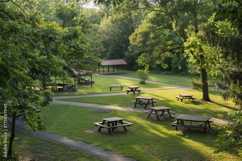 A park with designated picnic areas showcasing picnic tables and ...