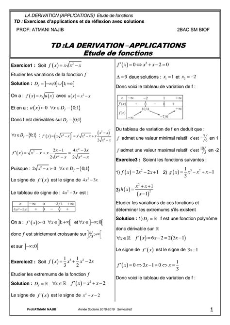 SOLUTION Derivation Et Etude Des Fonctions Corrige Serie D Exercices 1