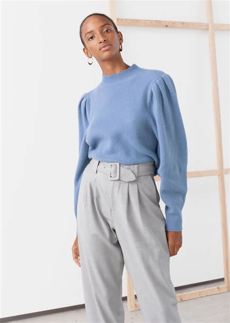 Mock Neck Puff Sleeve Sweater Light Blue Sweaters And Other Stories Ribbed Knit Sweater