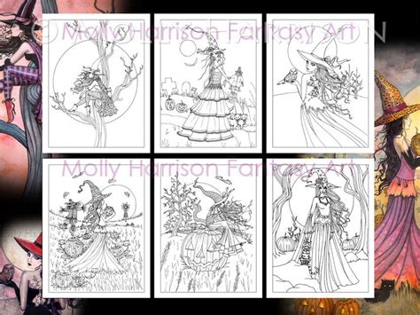 Printable 6 Halloween Witch Cat Coloring Pages Molly Etsy