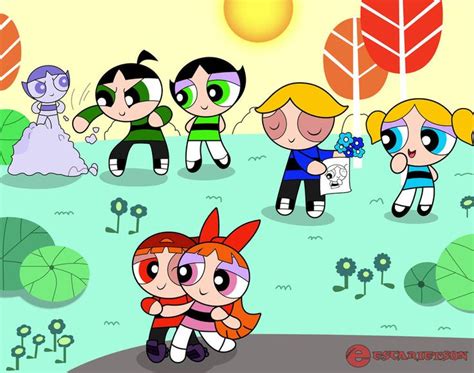 The Powerpuff Girls Cartoon Characters Are Walking In Front Of Some Trees And Flowers