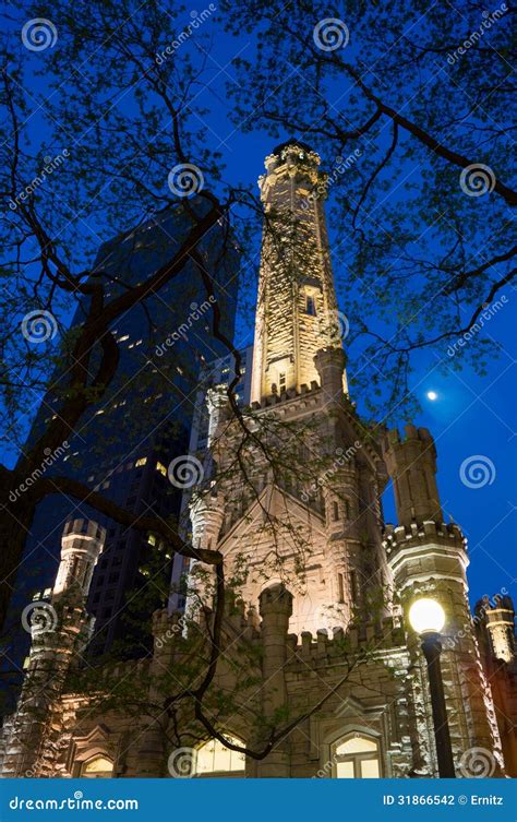 Water Tower at Night stock photo. Image of chicago, stone - 31866542