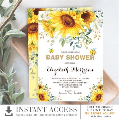 Sunflower And Bumble Bee Baby Shower Invitation Summer Watercolor Yellow