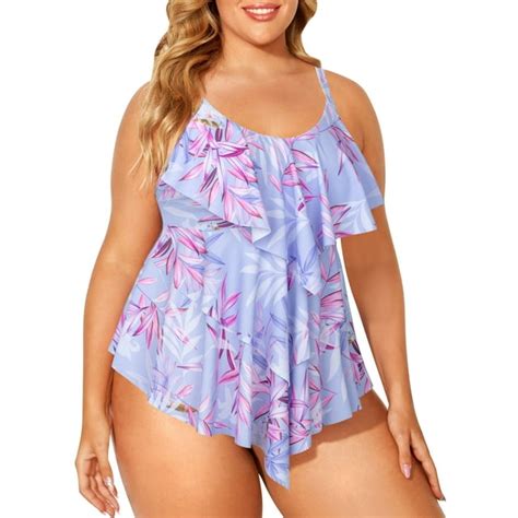 Women Plus Size Tankini Swimsuits Two Piece Ruffled Flounce Bathing Suit Tummy Control Swimwear