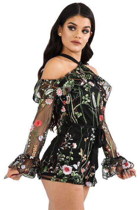 Black Floral Playsuit Sleeve Lace Floral Playsuit Lace Sleeves Playsuit