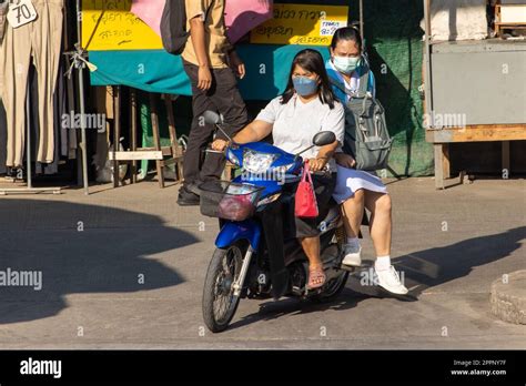 Samut Prakan Thailand Feb Two Women Rides On Motorcycle At