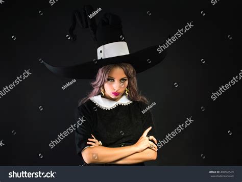 Witch Big Hat On Black Background Stock Photo 490160569 Shutterstock