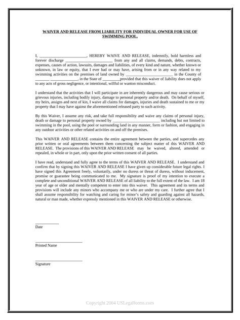 Printable Swimming Pool Waiver Template