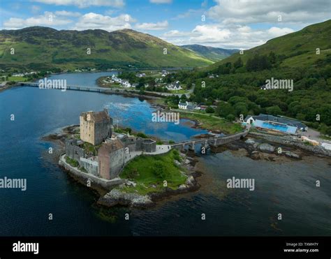 An Aerial View Of Eilean Donan Castle In The Scottish Highlands Stock