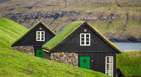 Typical Houses of Faroe Islands with Grass on the Roof Stock Image ...