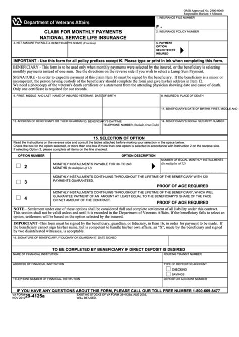 Fillable Va Form 29 4125a Claim For Monthly Payments National Service Life Insurance Printable