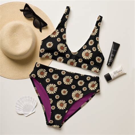 Daisy Recycled High Waisted Bikini Black Daisy Bikini Etsy