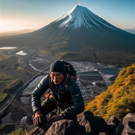 Premium Photo | A man sitting on top of a rock next to a mountain