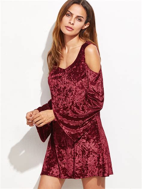 Burgundy Cold Shoulder Bell Sleeve Velvet Dress Shein Sheinside