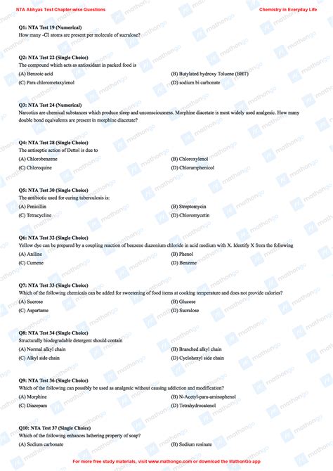 Chemistry In Everyday Life Nta Abhyas Test Chapter Wise Questions