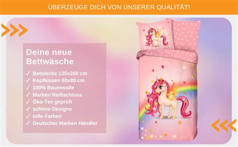 Aminata kids Bettwäsche Kinder 135x200 Mädchen Einhorn Baumwolle rosa