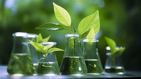 Biotechnology concept with green plant leaves, laboratory glassware