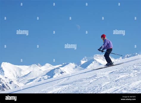 Skier And Moon Roundhill Ski Area Near Lake Tekapo Mackenzie Country