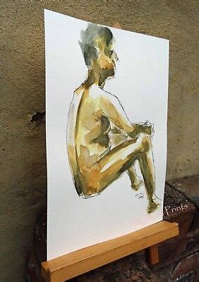 Male Nude Art Original Painting Standing Naked Man Sepia Watercolor