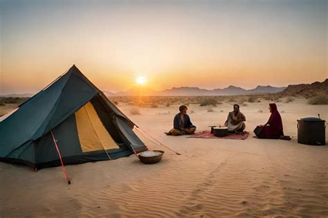 Uma Tenda No Deserto O Sol Se Pondo Atr S Deles Foto Premium