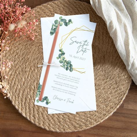 Save The Date Karte Mit Bleistift Eukalyptus Geometrie