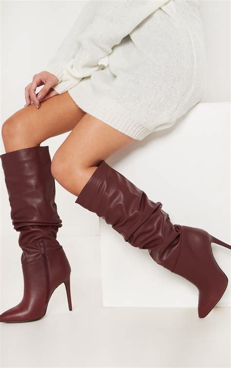 Burgundy Slouch High Point Knee Boot Shoes Prettylittlething Ca