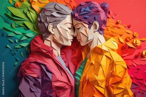 Lesbian Couple Hugging Each Other Illustration In Paper Art Style For