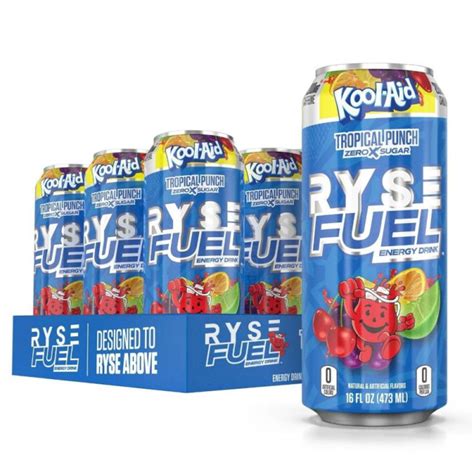 Ryse Fuel Energy Drink Zero Sugar Kool Aid Tropical Punch 16 Fl Oz 12 Pack