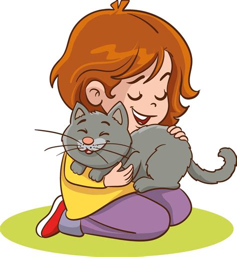 Happy preschool girl kid embracing and patting cat. Smiling kid