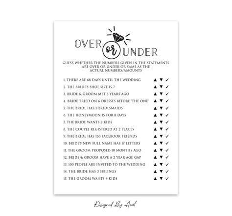 Over Or Under Bridal Shower Game Printable Simple Black And Etsy