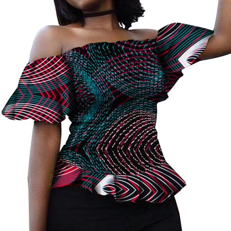 Bintarealwax African Shirts For Women Ankara Kente Print Off Shoulder