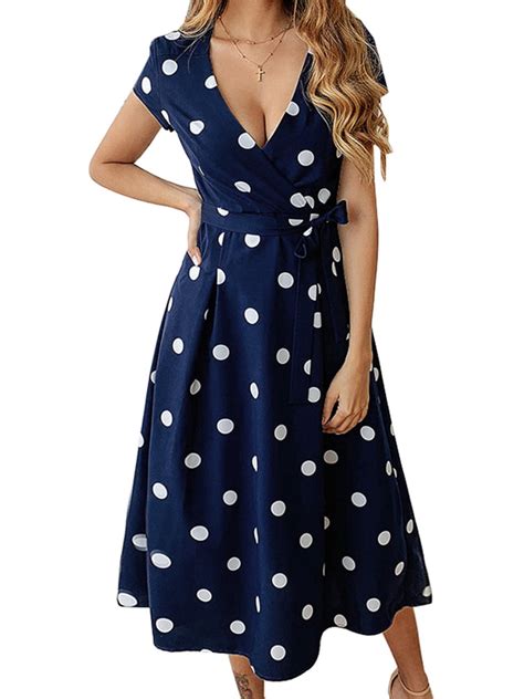 Zanzea Ladies V Neck Short Sleeve Polka Dot Dress Casual Sundress With